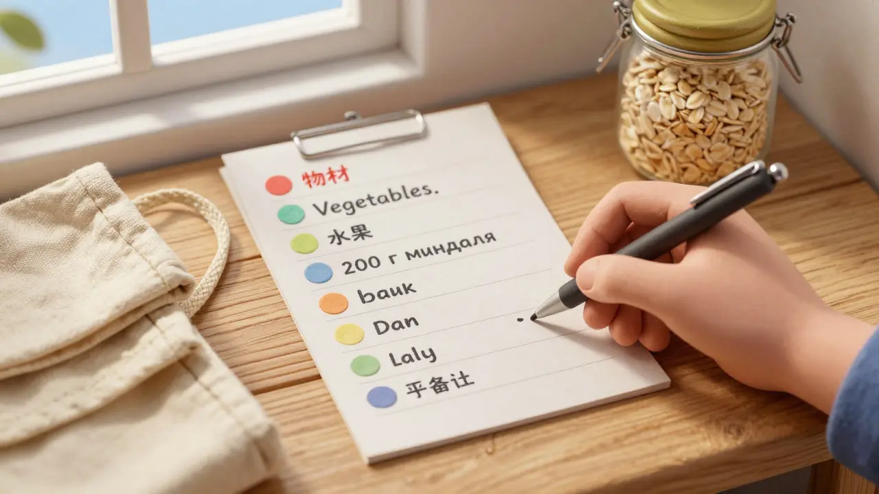 Рукописный список покупок с детализированными пунктами, разложенный на деревянном столе рядом с многоразовыми сумками.