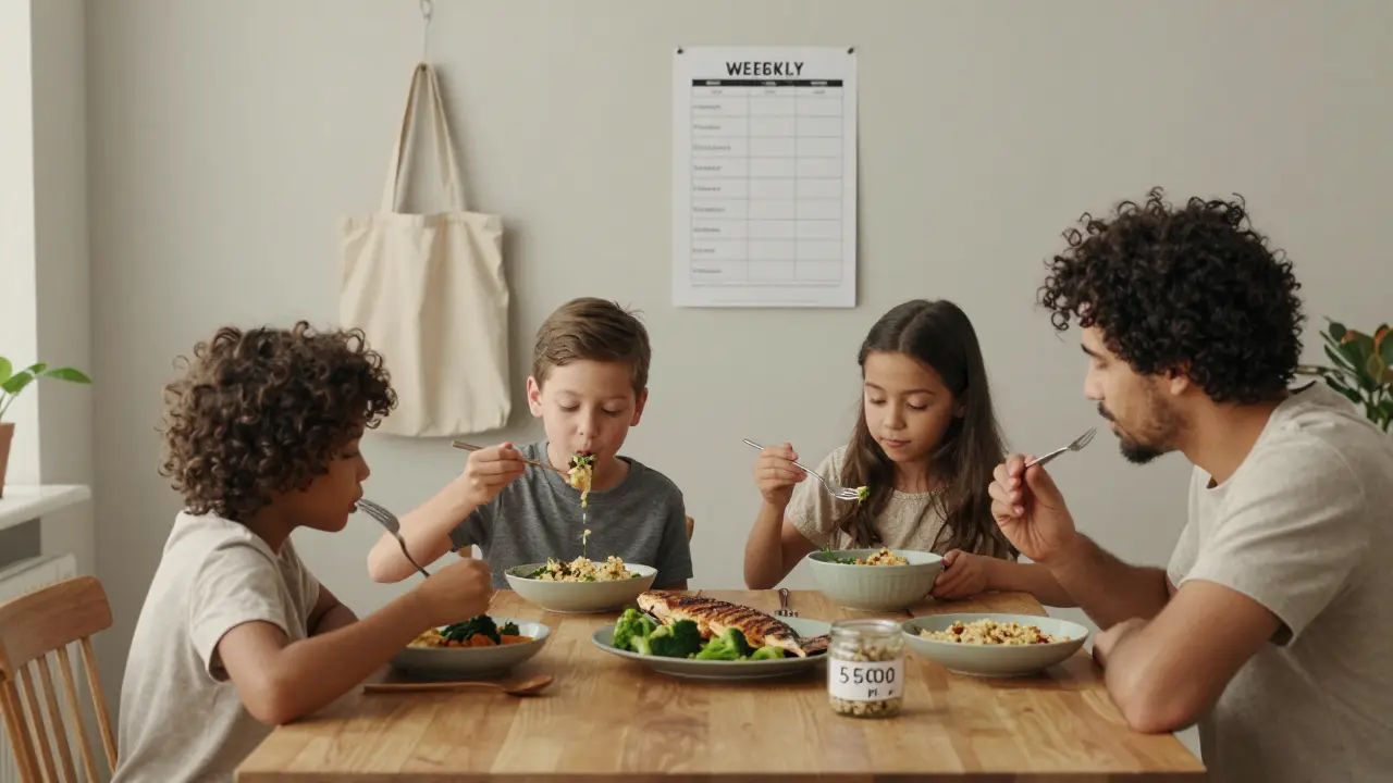 Семья за ужином, на стене виден план питания на неделю, на столе — банка с деньгами и многоразовая сумка.