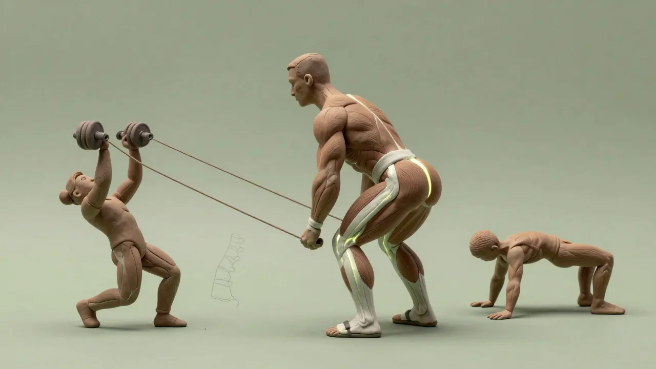 Силовик делает румынскую становую тягу, рядом — модели упражнений для спины и стабилизации позвоночника в глиняном стиле.