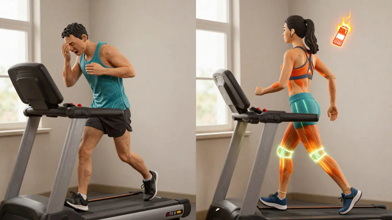 Сравнение: бегун устал, а человек на уклоне спокойно идет — энергия горит в мышцах.