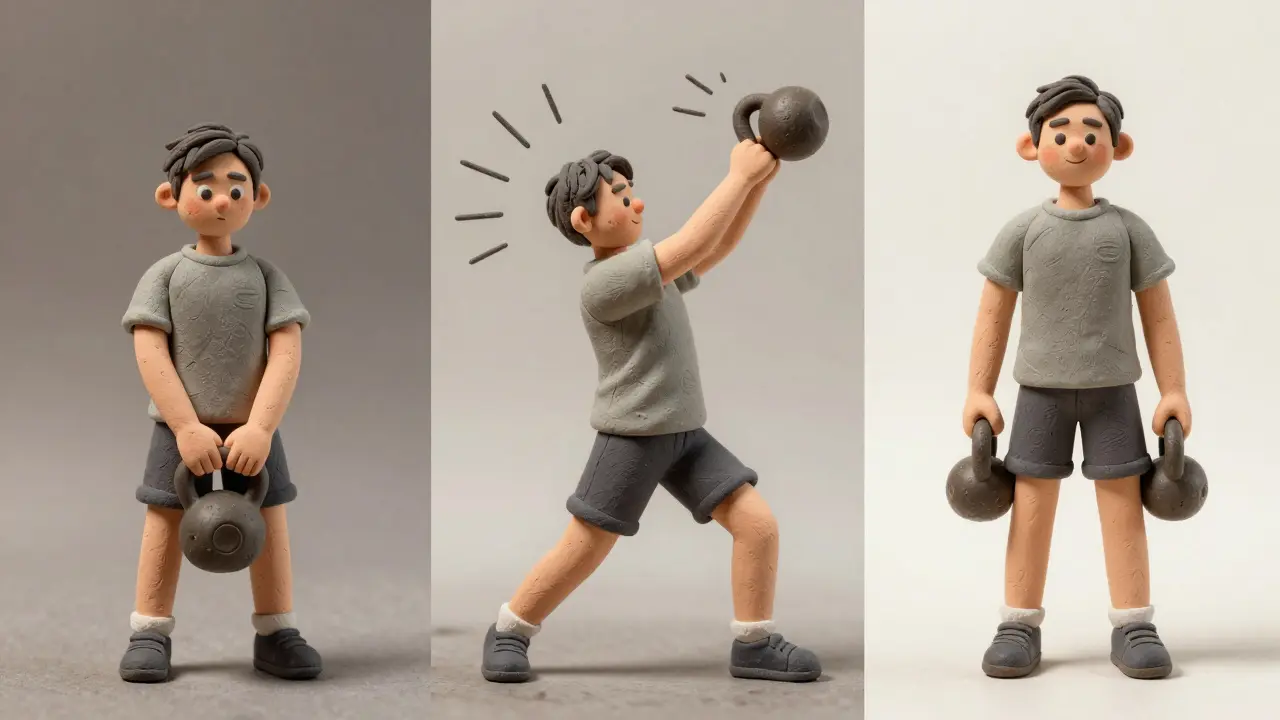 Три этапа трансформации: новичок, интенсивная тренировка и уверенный результат — все с гирей и улучшенной осанкой.