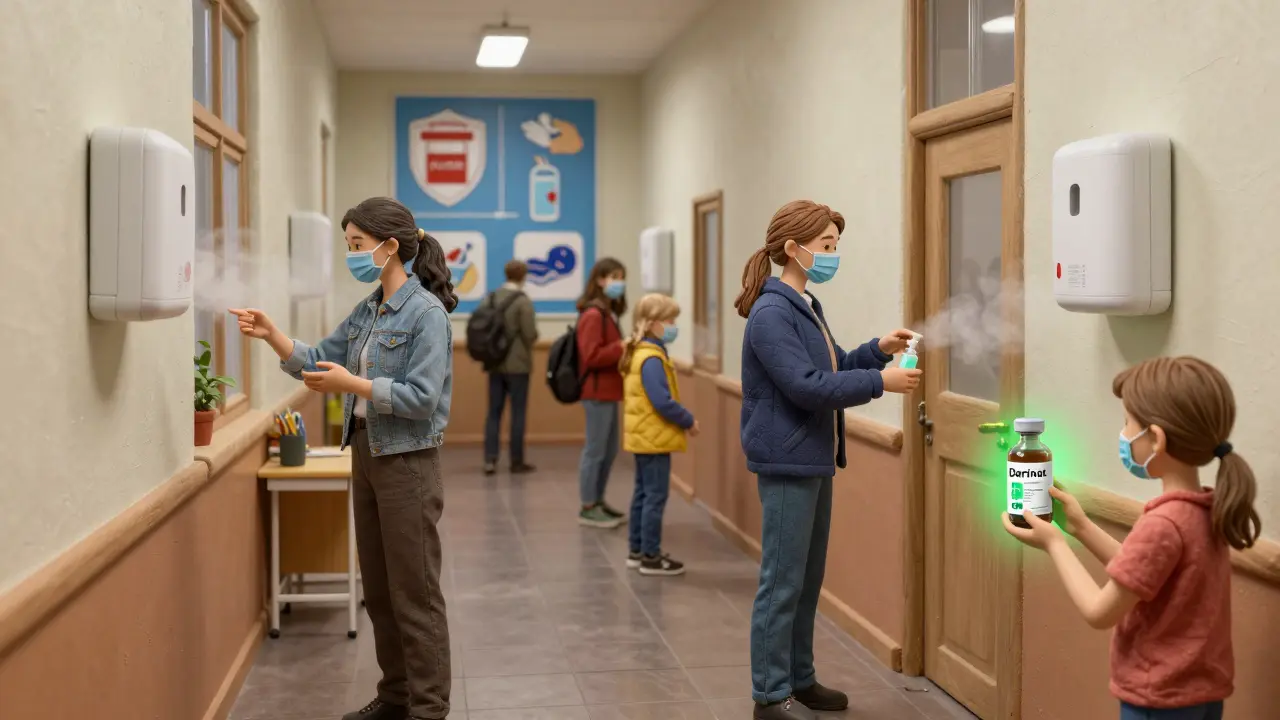 Ученики в школе используют антисептик и увлажнители воздуха, на стене — плакат с мерами профилактики гриппа и ОРВИ