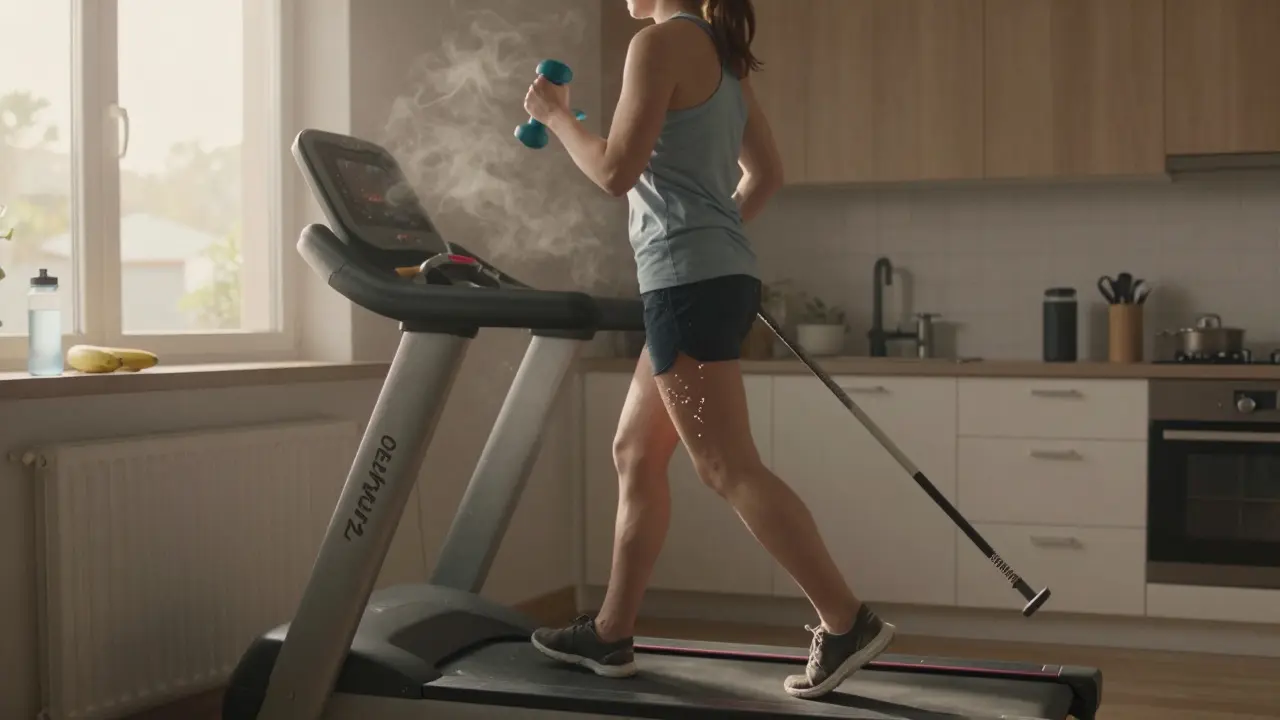 Утренняя ходьба на дорожке с гантелями, пар поднимается от тела, на подоконнике банан и вода.