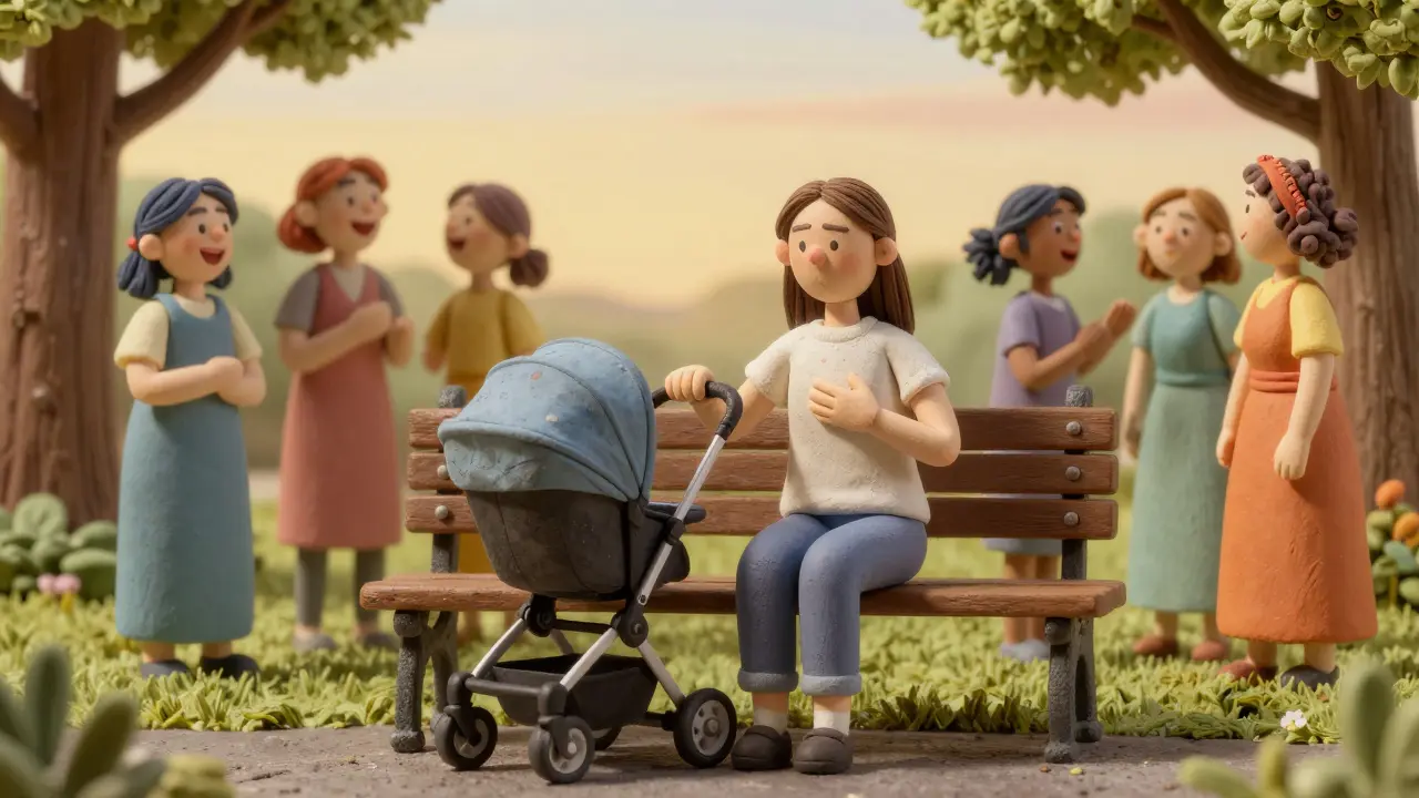 Женщина с коляской сидит на скамейке в парке, одинока среди счастливых матерей, её лицо без эмоций.