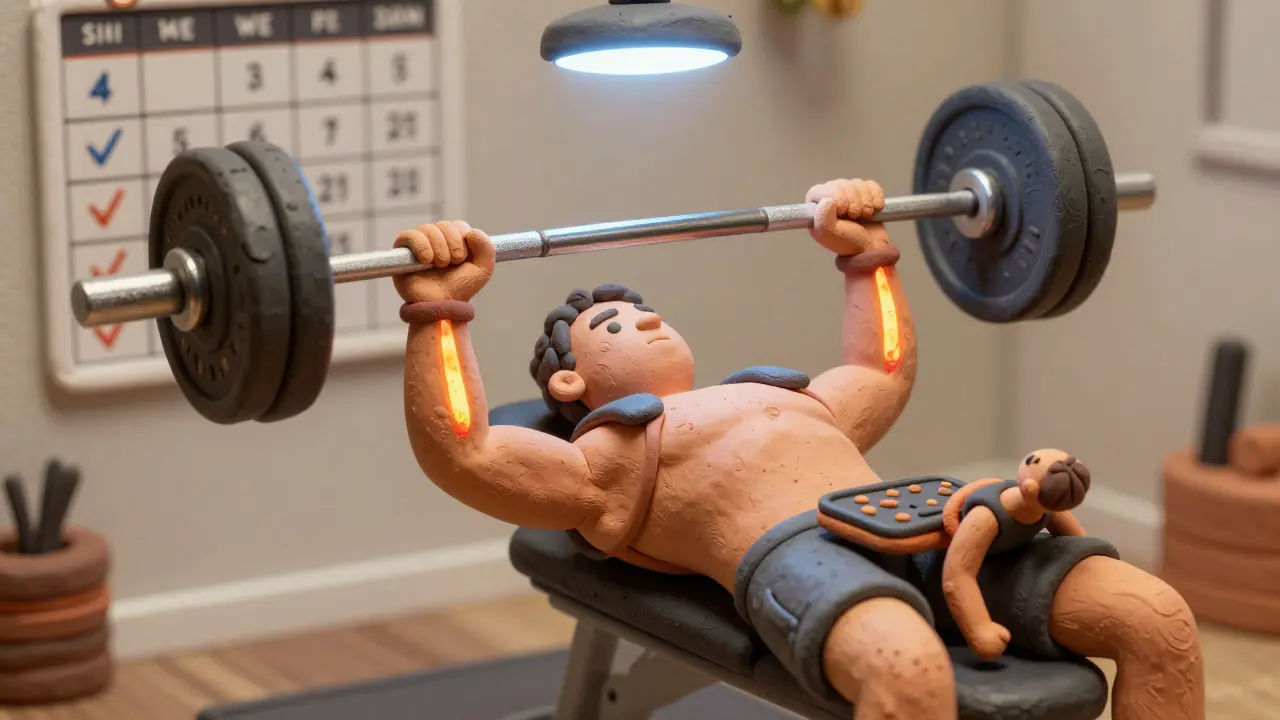 Жим лежа с элементами стабилизации плеч и лопаток, рядом — миниатюрные планка и боковая планка в глиняной манере.