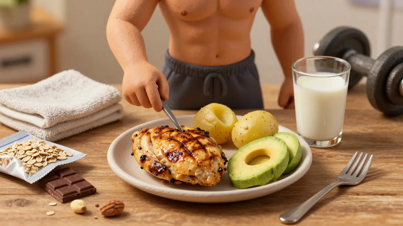 Атлет ест после тренировки: курица, картофель, авокадо и молоко на тарелке, рядом овсянка и шоколад.