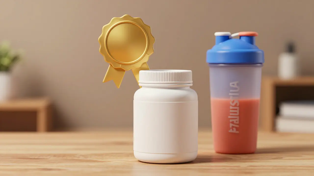 Банка добавок с печатью качества и шейкер, объемная графика