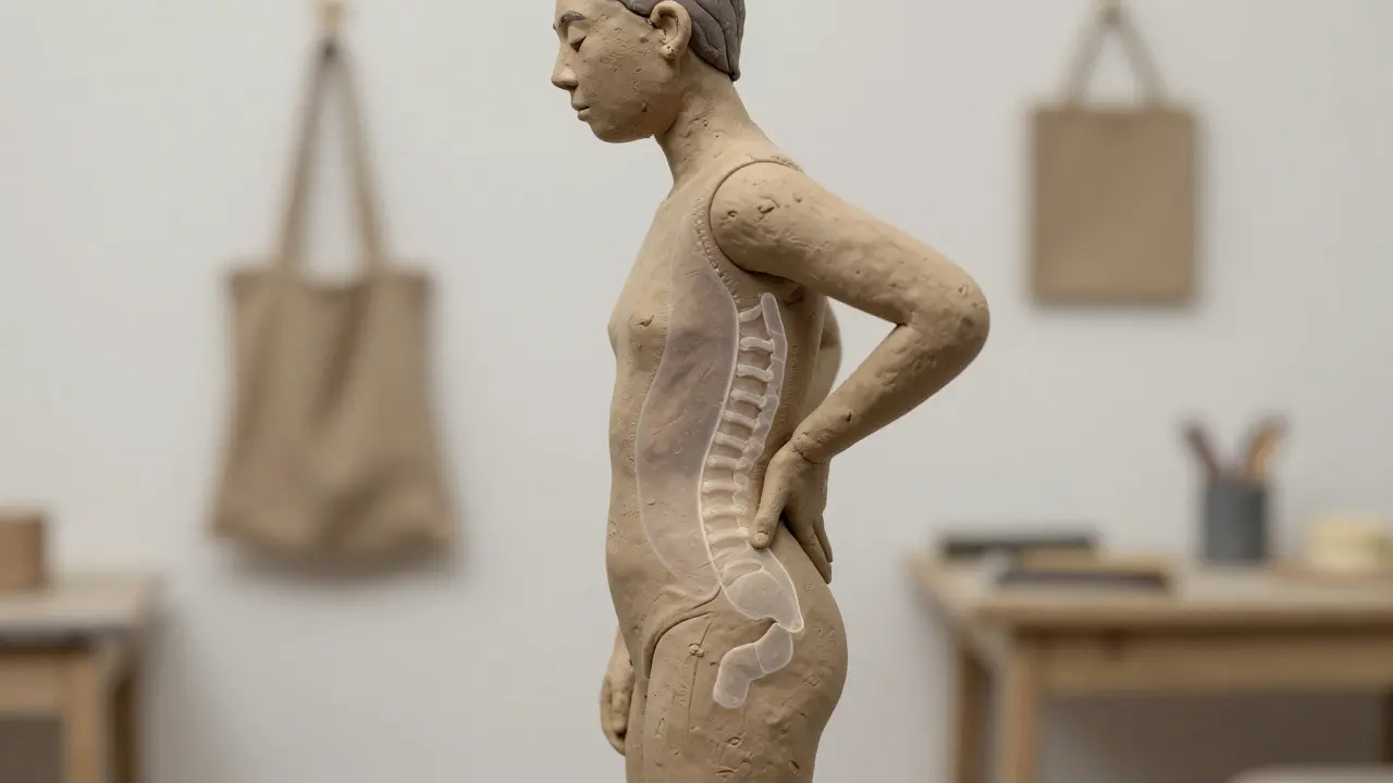 Боковой профиль человека с идеальной выравниванием уха, плеча, бедра и колена, подчеркивающий нейтральное положение позвоночника.