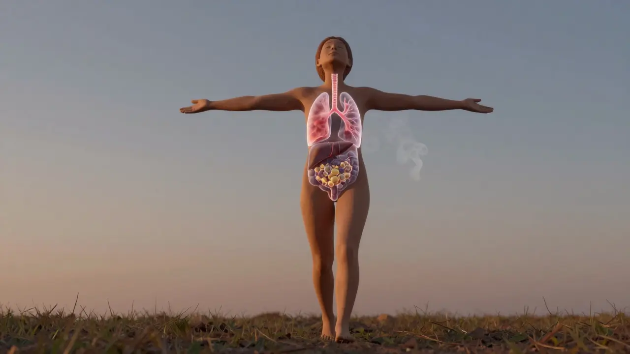 Человек дышит полной грудью на траве, легкие расширяются, дым растворяется в воздухе