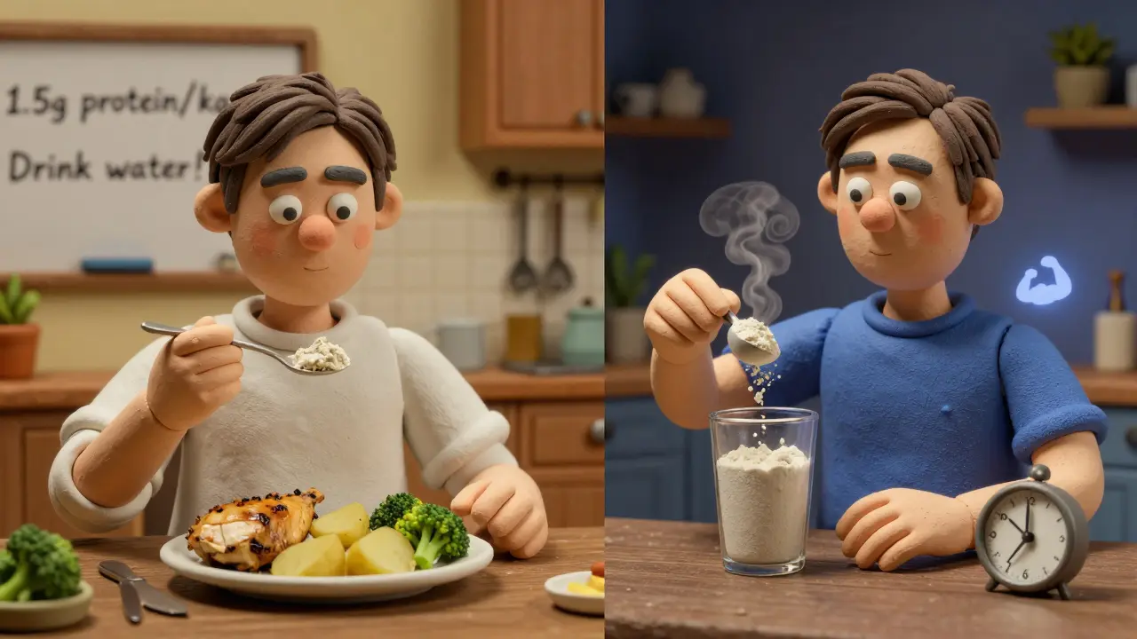 Человек ест сбалансированный ужин и принимает креатин перед сном.