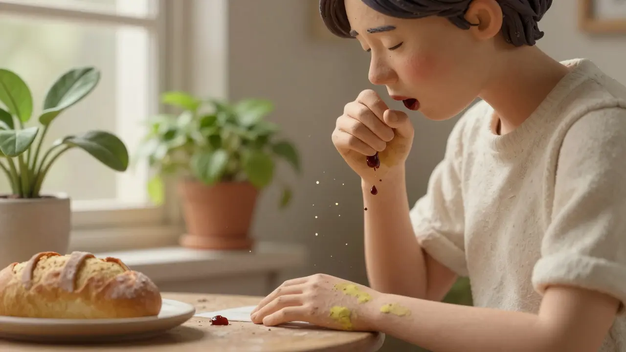 Человек откашливает темную слизь в утреннем свете, руки с исчезающими желтыми пятнами