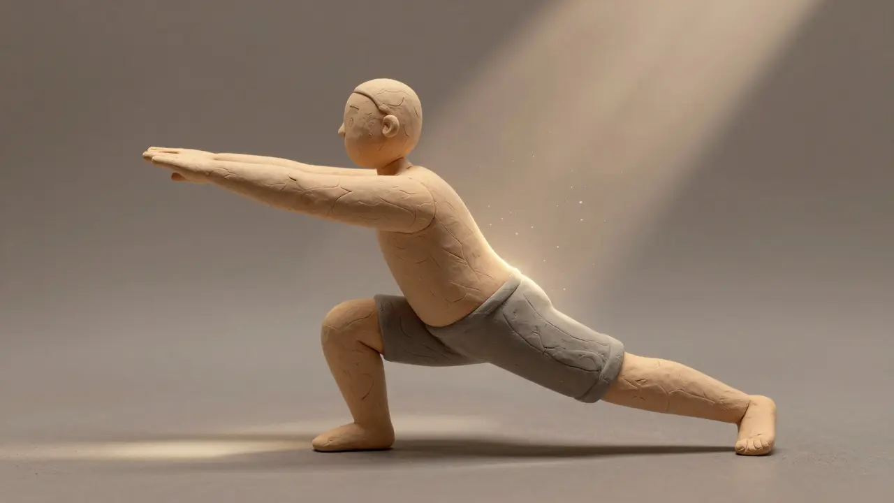 Человек плавно переходит в полушпагат, одно колено касается пола, руки вытянуты вперёд, тело в мягкой глиняной текстуре.