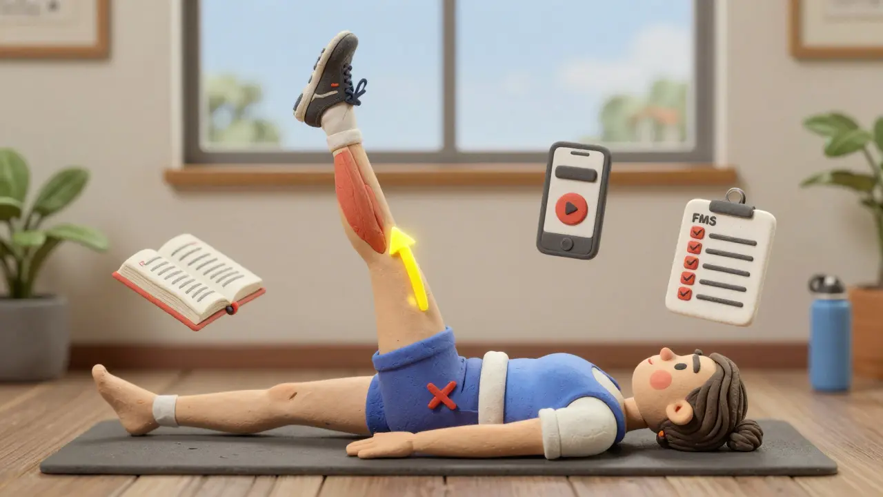 Человек поднимает ногу в лежачем положении, одна нога не достигает 90 градусов, рядом телефон и книга.