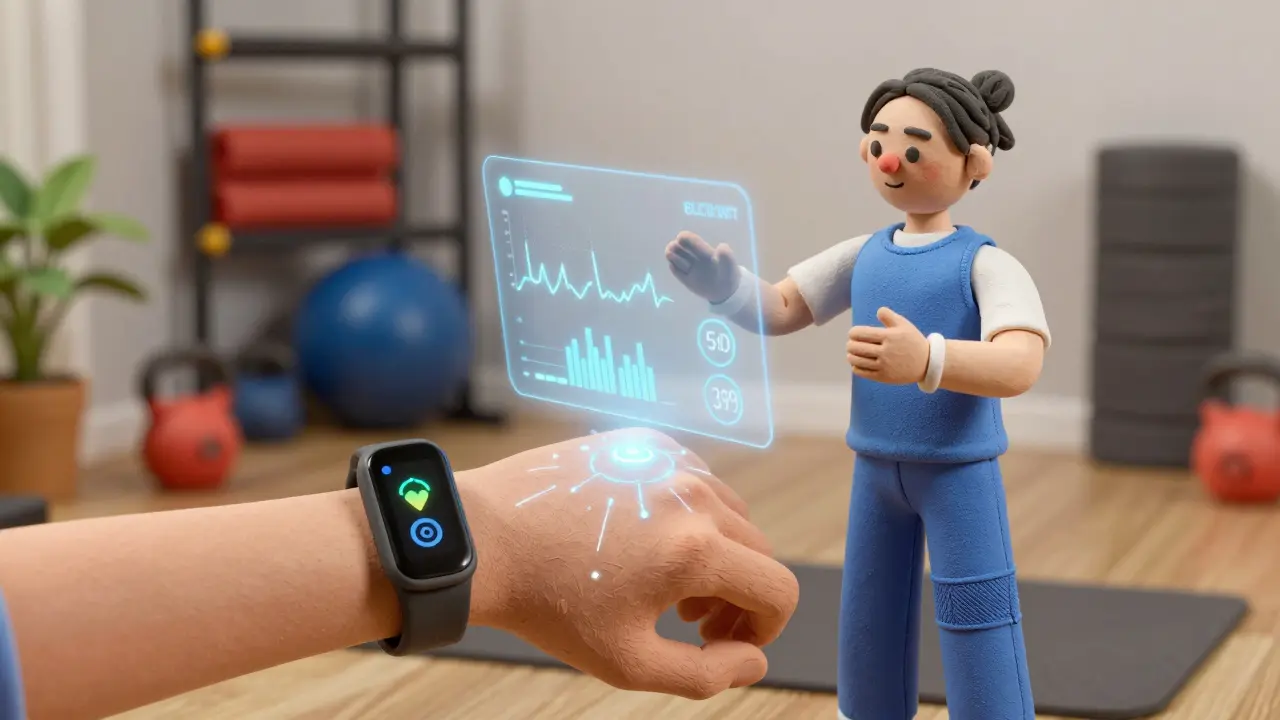 Человек с умным браслетом получает персонализированные данные от виртуального тренера в гибридном фитнес-пространстве.