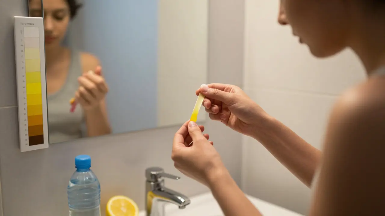 Человек смотрит на цвет мочи в зеркале, рядом лимон и бутылка воды.
