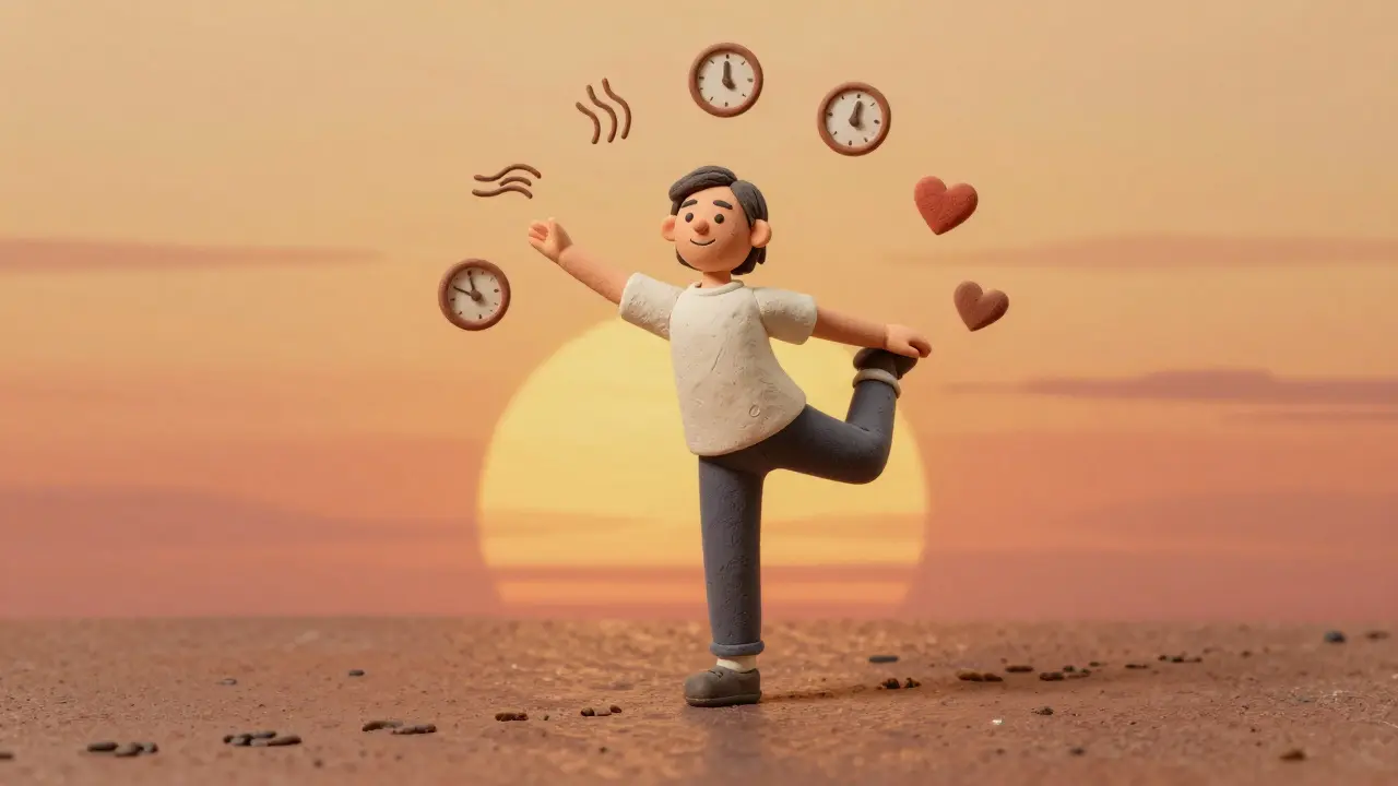 Человек стоит в полушпагате после 30 дней практики, вокруг — символы дыхания, времени и внутреннего роста, тёплые тона.