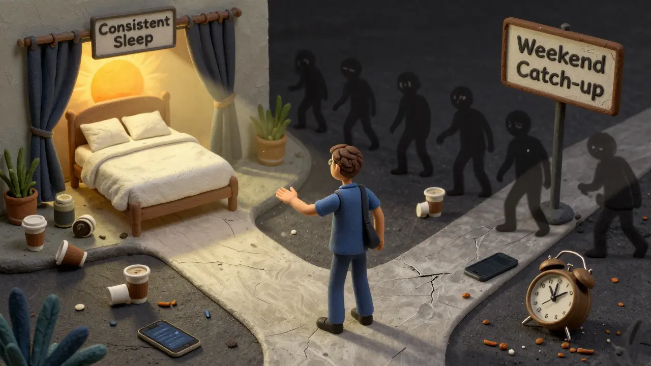 Человек выбирает путь к стабильному сну вместо хаотичного отдыха в выходные.
