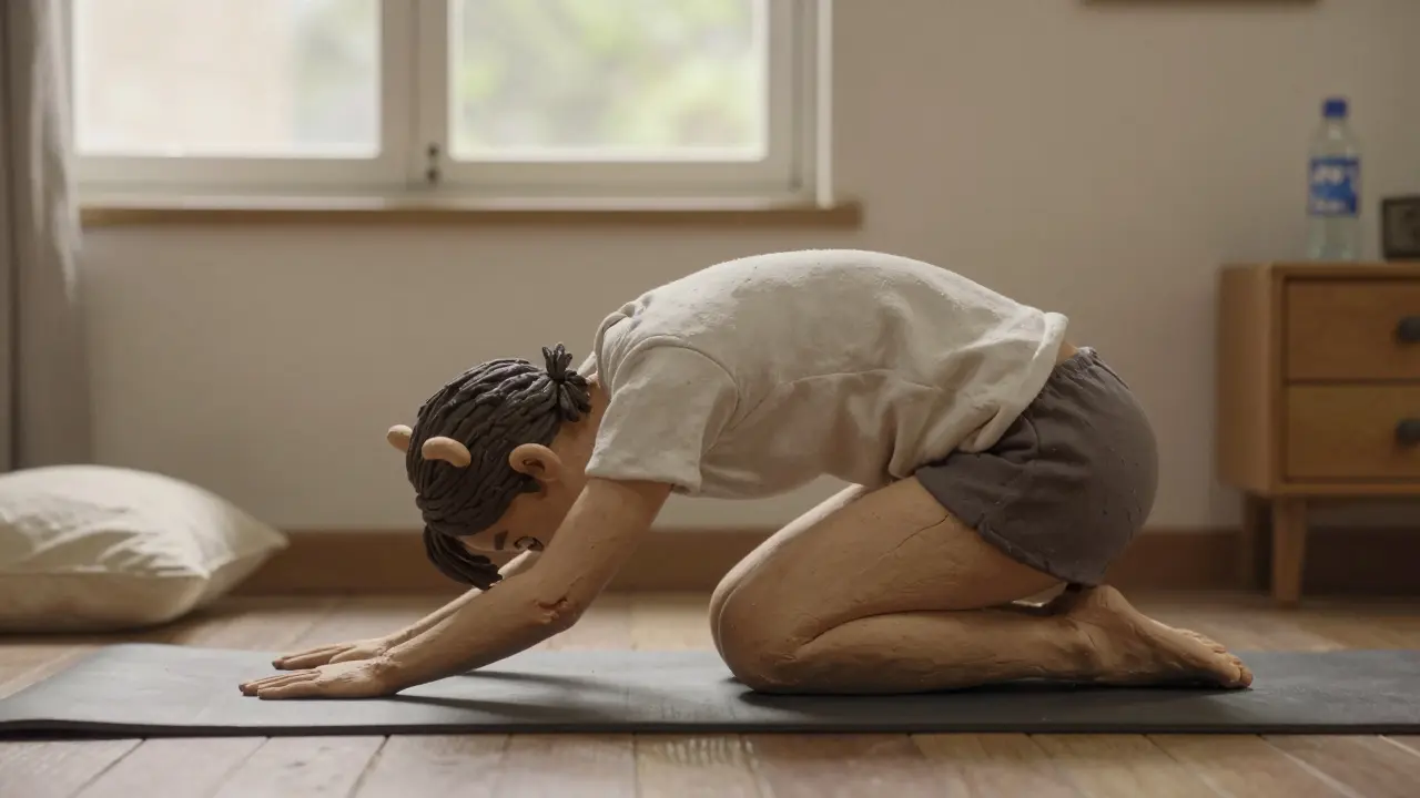 Человек выполняет упражнение 'кошка-собака' на четвереньках, плавное изгибание позвоночника.