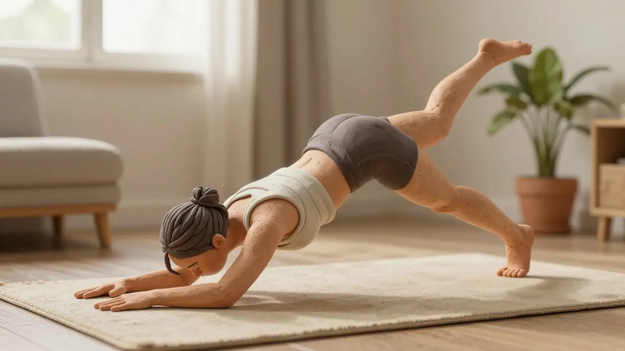 Человек выполняет упражнение птица-собака, рука и нога вытянуты, спина ровная.