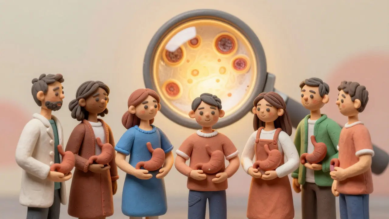 Группа людей с моделями здорового желудка, вокруг них светящийся эндоскоп, символизирующий раннюю диагностику заболеваний ЖКТ.