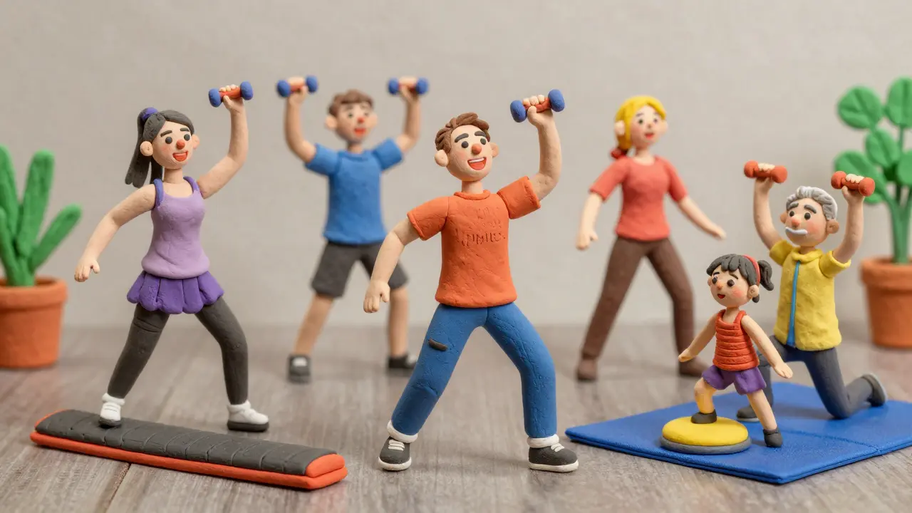 Группа людей весело занимается музыкальным фитнесом, а дети и пожилые люди тренируются вместе в адаптированной среде.