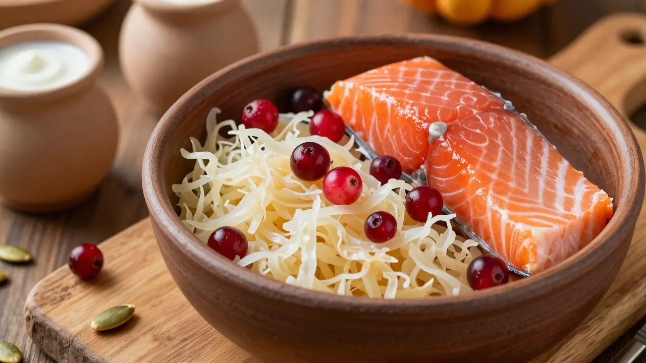 Композиция из полезных продуктов: рыба, капуста и ягоды