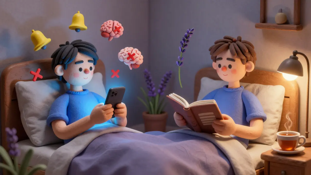 Контраст: человек с телефоном в кровати и человек с книгой и чаем, иллюстрирующий влияние экранов на сон.