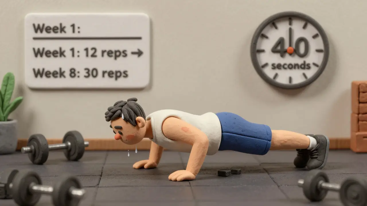 Мужчина делает медленные отжимания, на фоне — прогресс по повторениям.