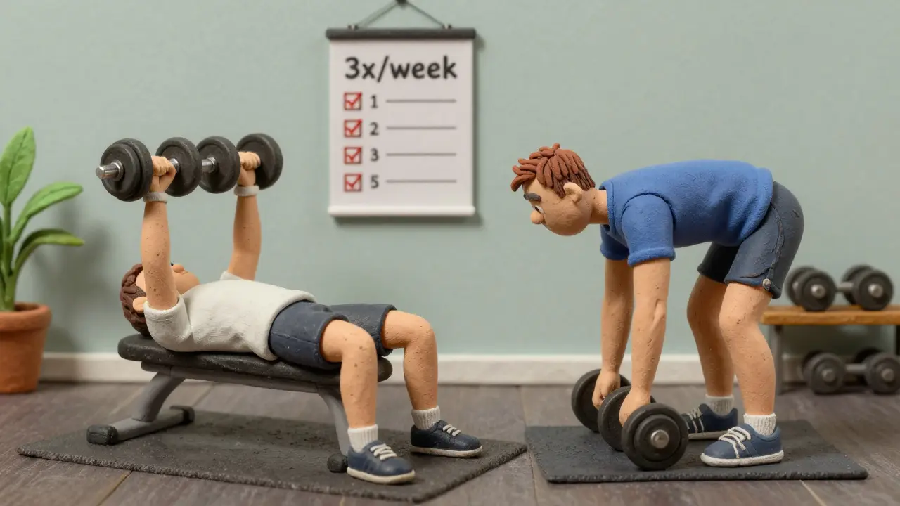 Мужчина делает жим лежа и тягу гантелей в наклоне — показаны правильные техники.