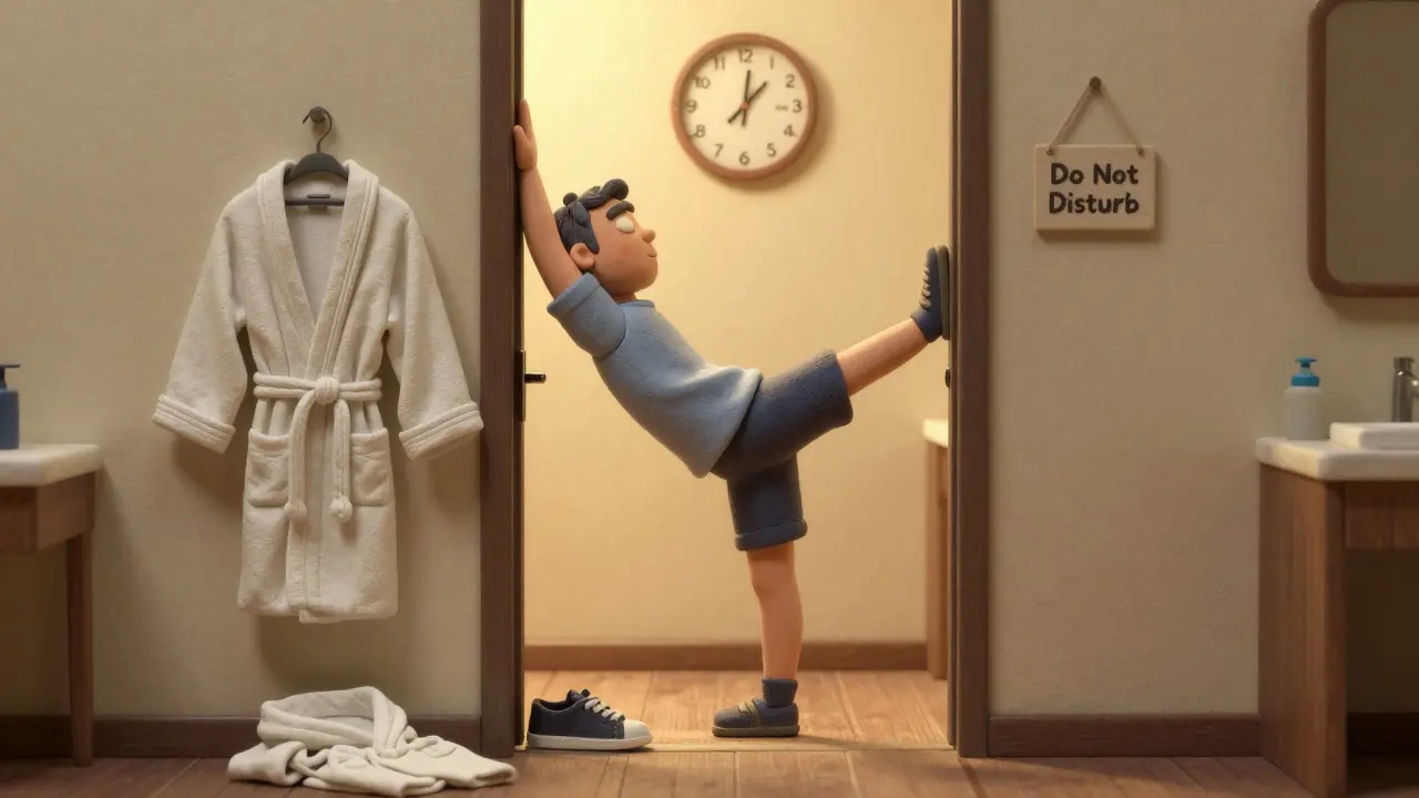 Мужчина растягивается у дверного косяка, на часах 7:30 утра, мягкий свет в номере.