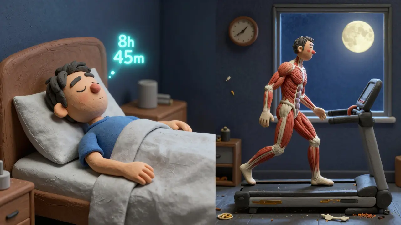 Мужчина спит, а его тело восстанавливается под лунным светом, рядом — счётчик сна.