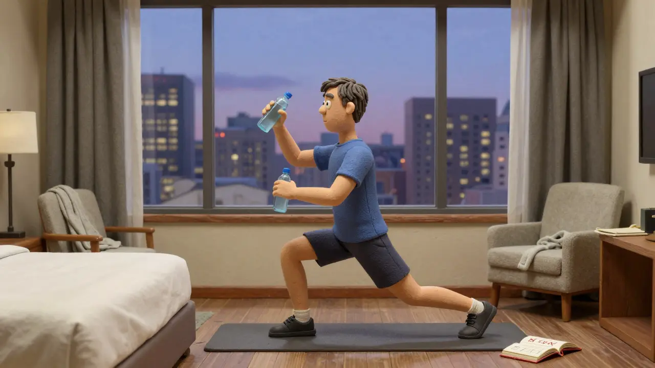 Мужчина выполняет выпады с бутылками воды у кровати, за окном — городской пейзаж.