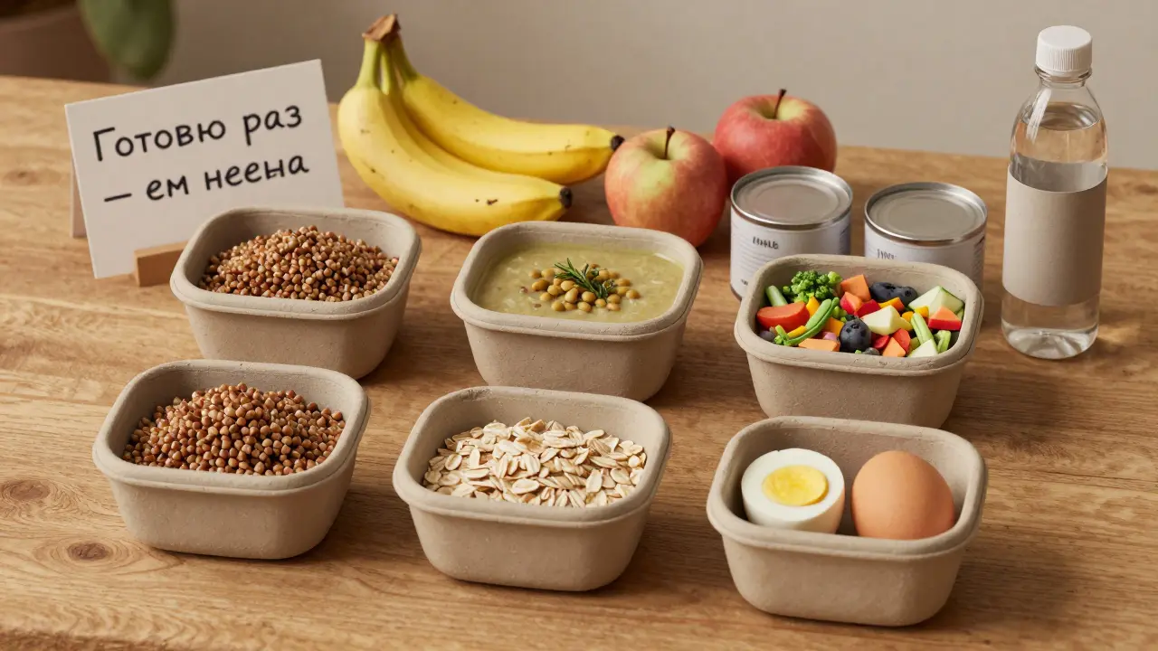 Недельный план питания студентов: контейнеры с едой, фрукты и записка на деревянном столе.