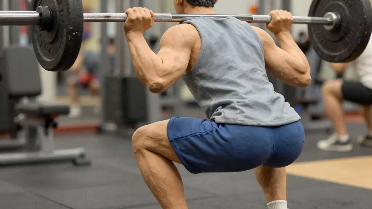 Персонаж выполняет правильное упражнение приседание со штангой