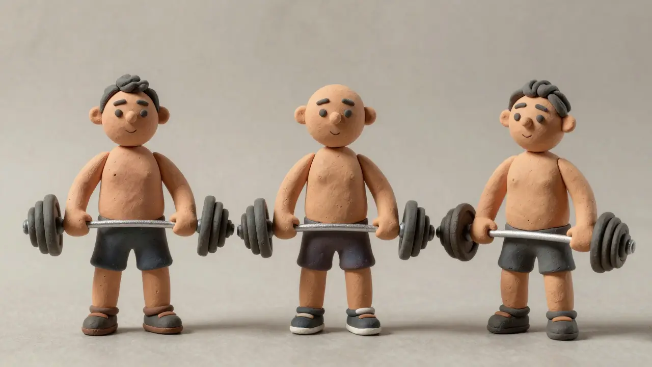 Персонажи с разными весами на штанге показывают прогрессивную нагрузку