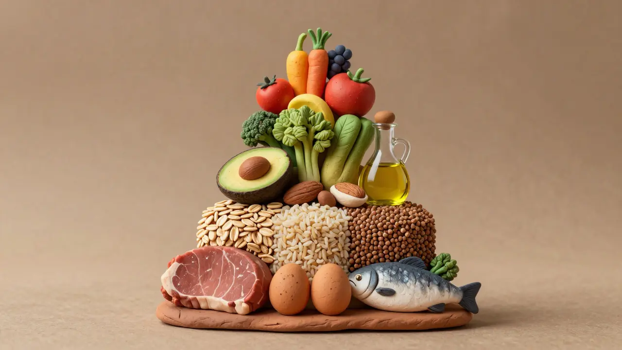 Пирамида питания для набора массы: белки, углеводы, жиры и овощи, слепленные из глины в виде еды.