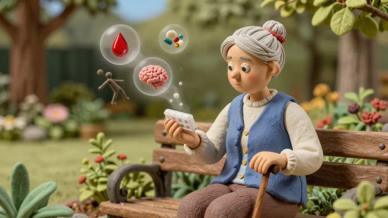 Пожилая женщина сидит в саду с контейнером для таблеток, вокруг исчезают символы опасных взаимодействий.