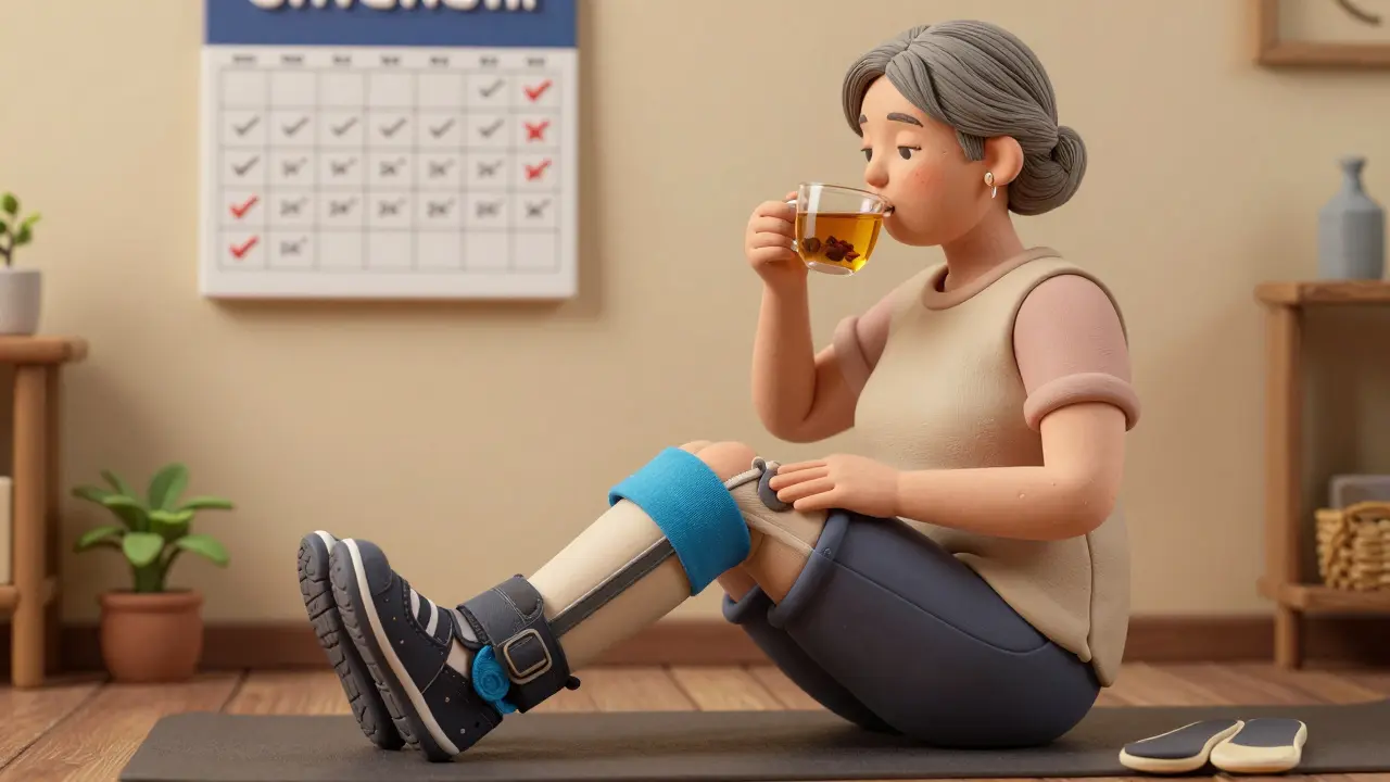 Пожилая женщина выполняет упражнения для колен в домашней обстановке, в ортопедической обуви.