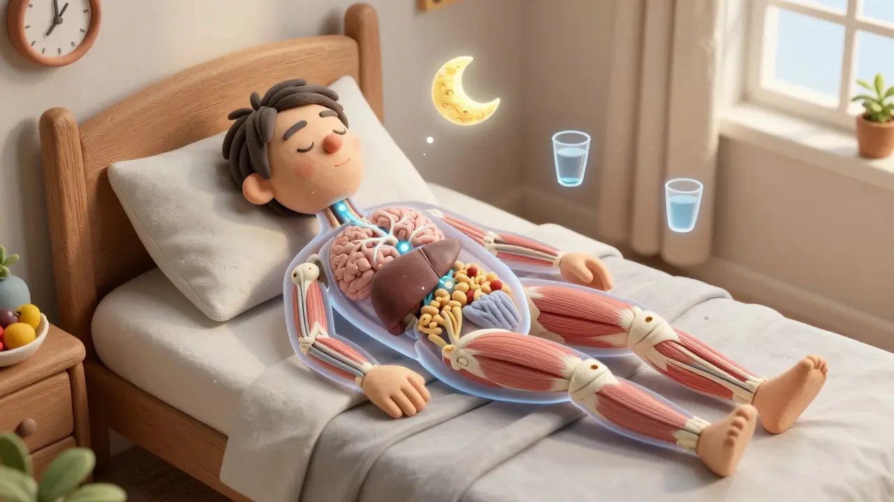 Прозрачное тело во сне с внутренними процессами восстановления, мелатонином и признаками здорового образа жизни.