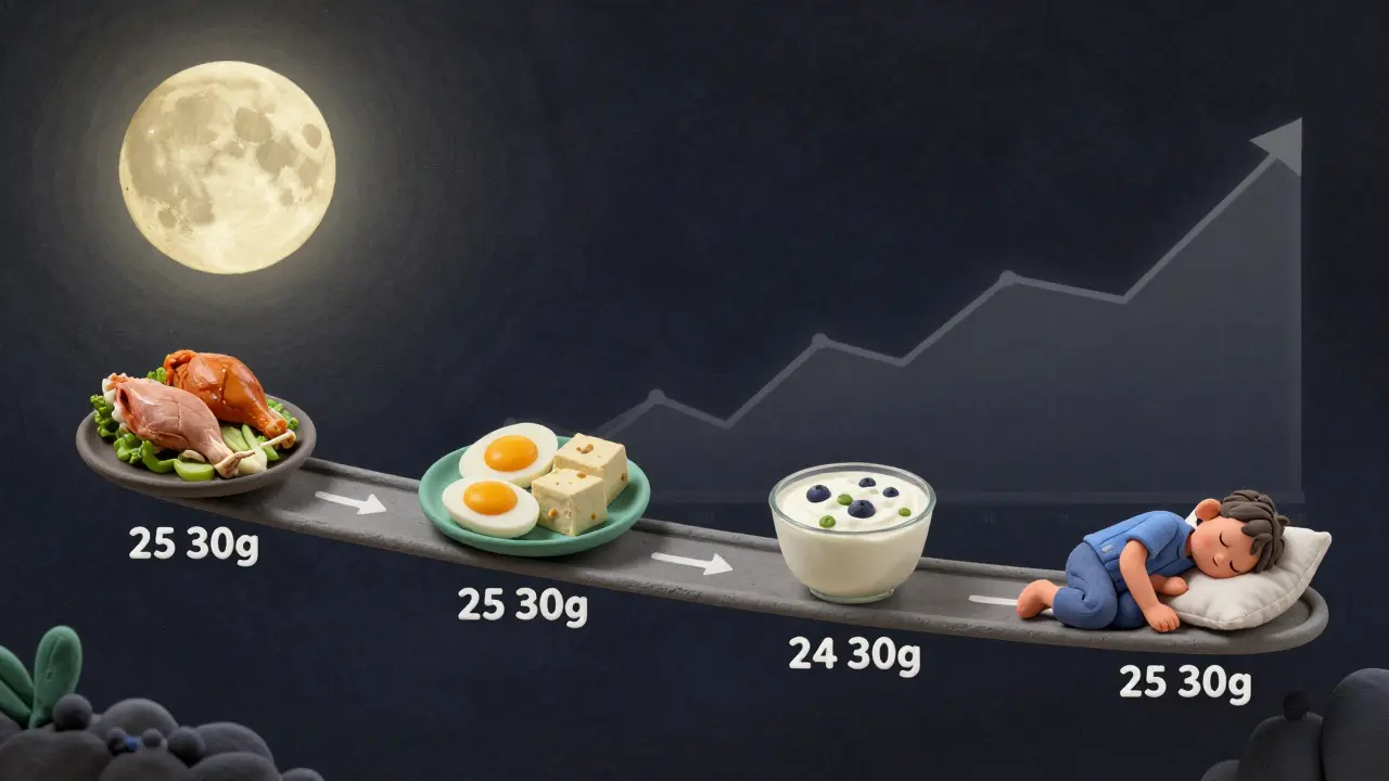Распределение белка в течение дня: четыре приёма пищи и глубокий сон, подчёркивающие постоянное восстановление.