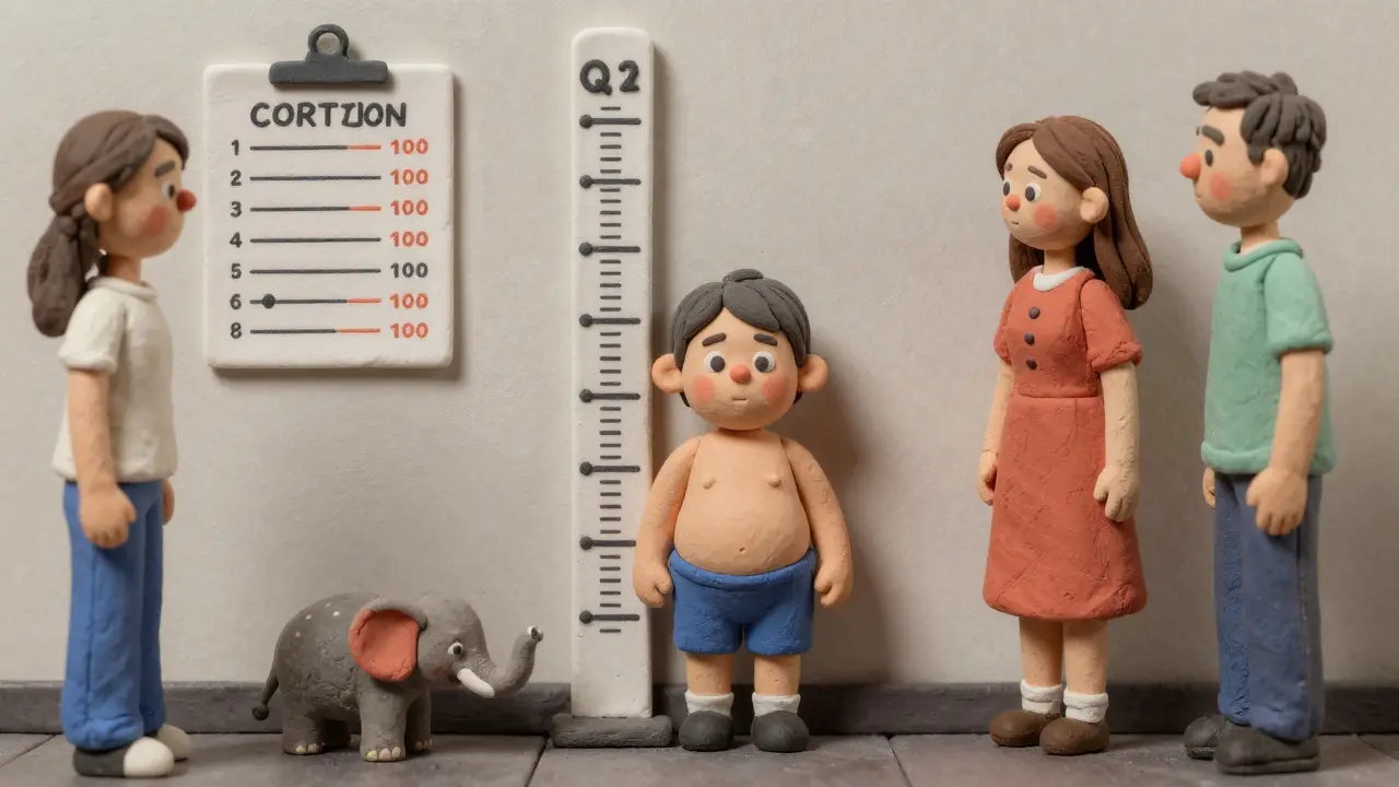 Ребёнок с ожирением и задержкой роста, стоит рядом с измерительной линейкой, родители не замечают проблемы.