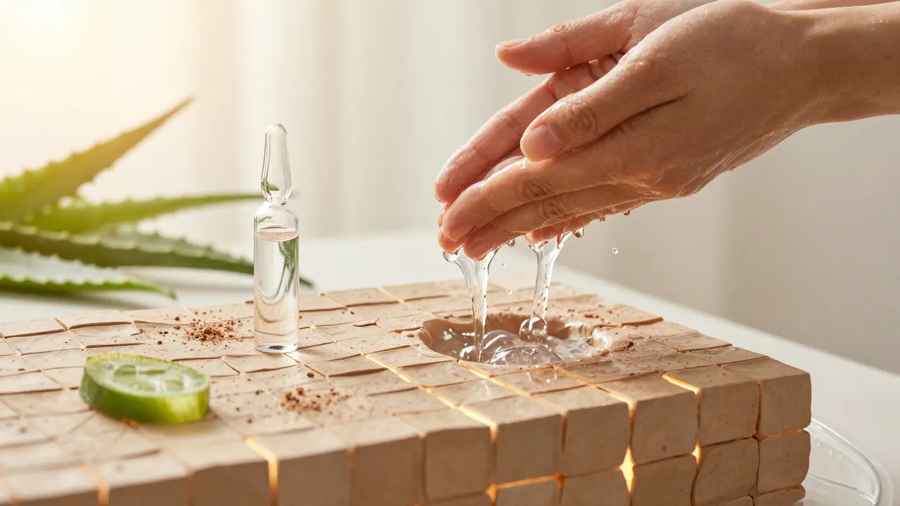 Рука промывает лицо прохладной водой утром, восстанавливая липидный барьер в мягком свете.