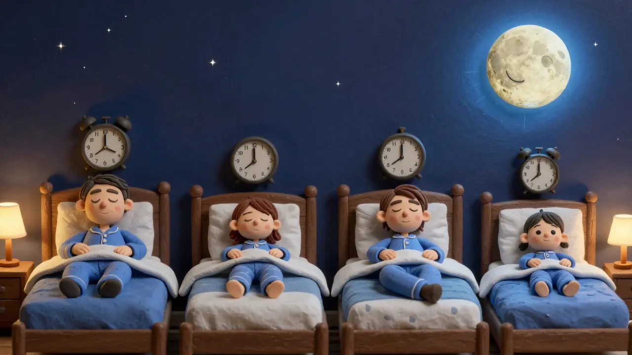 Семья спит спокойно в темной комнате с мягким светом и одинаковым временем пробуждения.