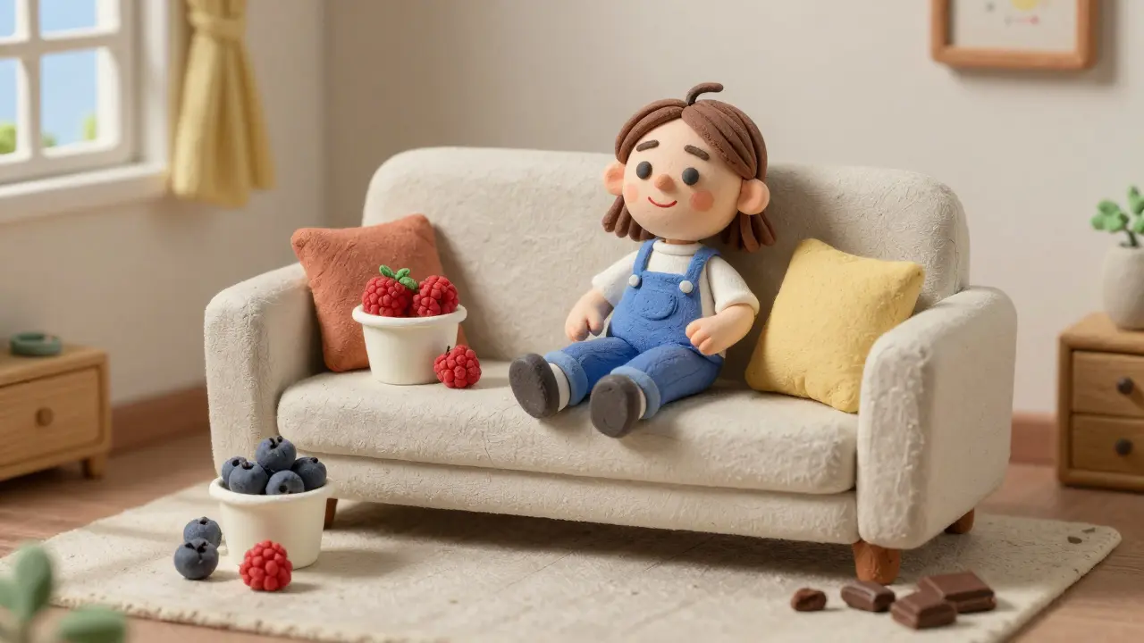 Спокойный персонаж наслаждается здоровой пищей и отдыхает