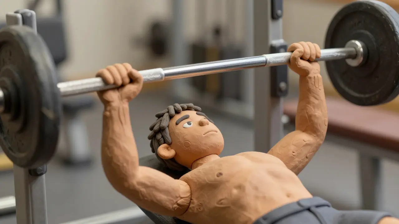 Спортсмен поднимает штангу лежа с правильной техникой подъема