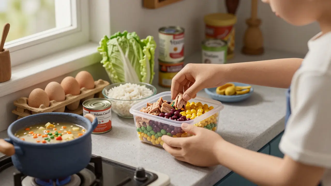 Студент собирает салат из трёх банок в дешёвой кухне с продуктами на полке.