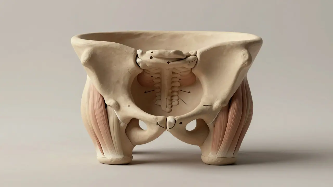 Таз как керамическая чаша, выровненная параллельно полу, с мягкими обозначениями мышц, работающих в балансе, без перенапряжения.