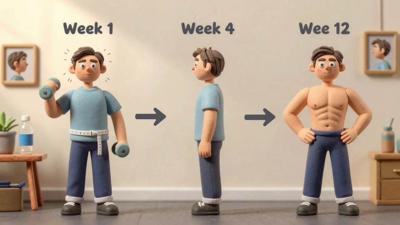 Три этапа прогресса мужчины за 12 недель с гантелями: от новичка к уверенному атлету.
