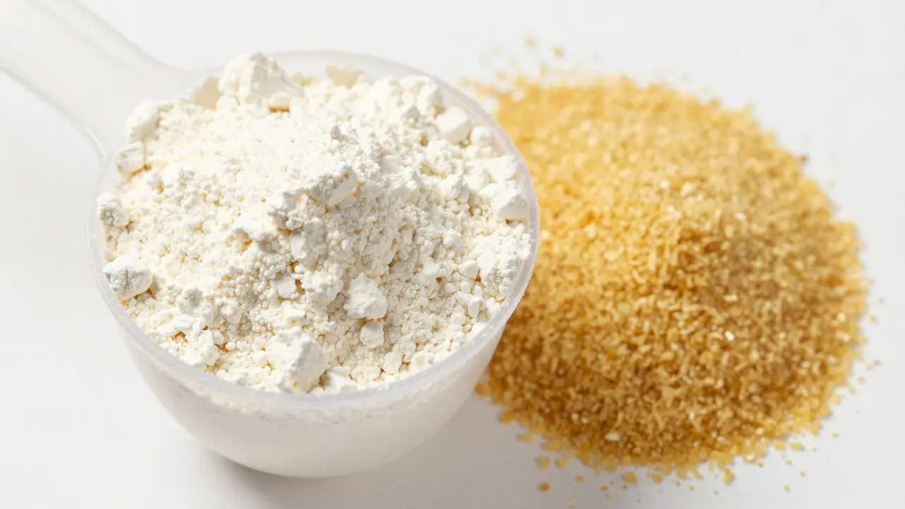 Увеличенный вид порошка протеина и сахара в ложке, стиль глины