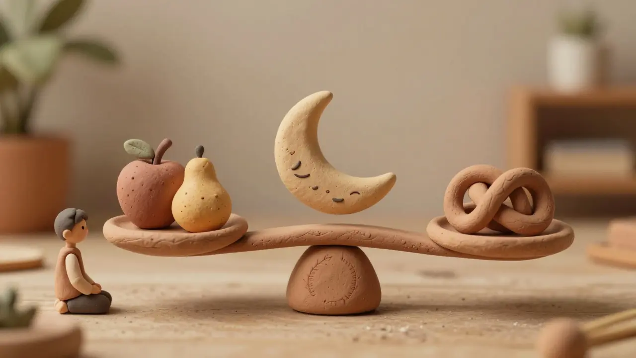 Весы с символами еды сна и стресса из глины